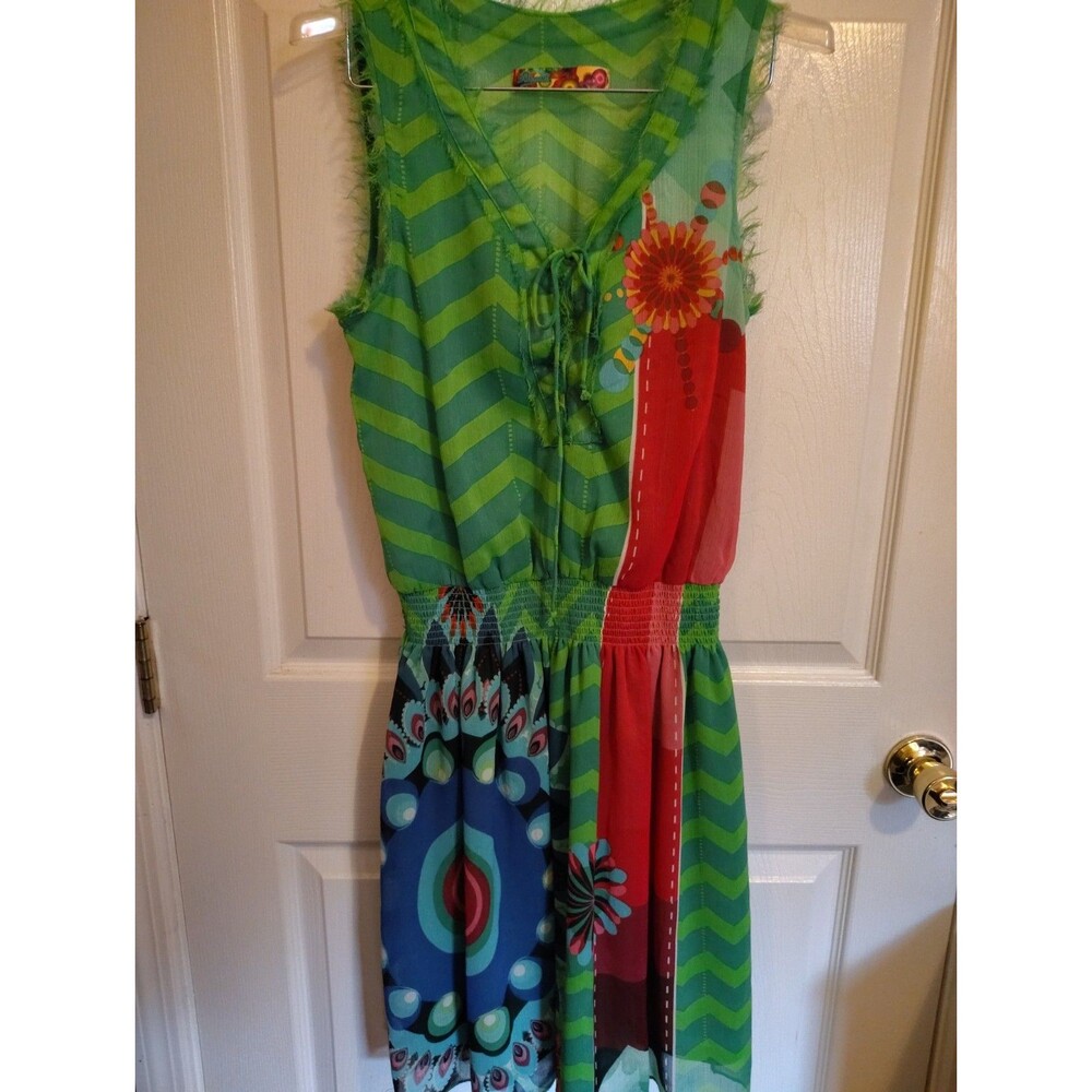 Desigual Women's M Green Chevron Chiffon Sheer Fringe V-Neck Sleeveless Shift